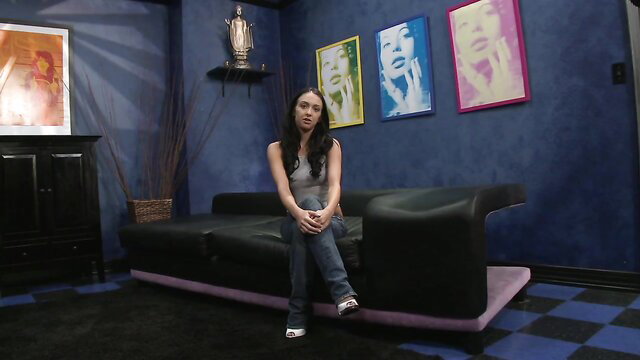 Sexy brunette teen girl in tight tank top at casting couch