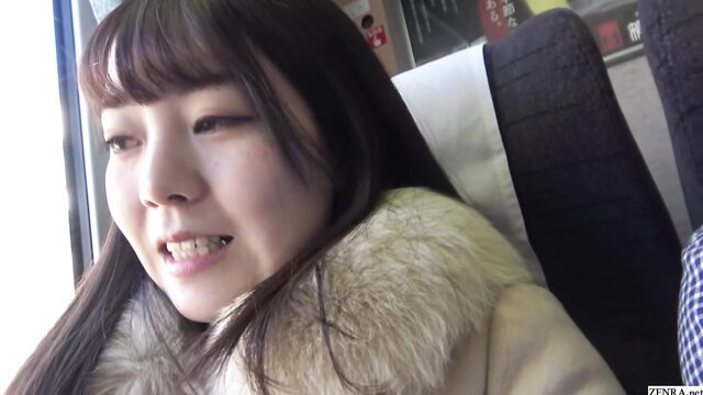 Cute Japanese wife on train smiling, first JAV affair vibe