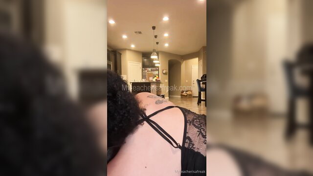 Black teacher in sexy black lace lingerie showing tattooed neck