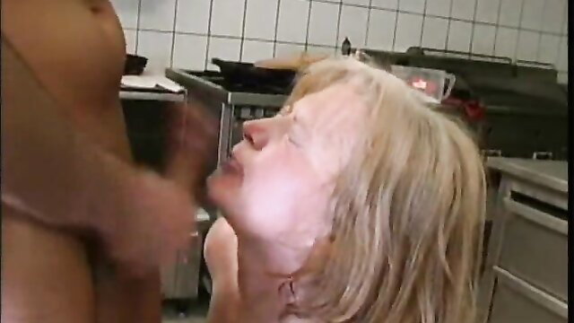 Kinky long blonde granny licking stranger's asshole in kitchen