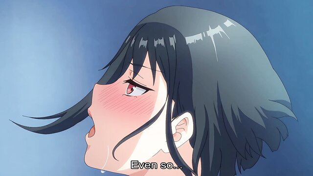 Blushing busty black-haired hentai girl ahegao face on campus stairs