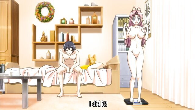 Nude anime teen stands naked on scale after sex with guy on bed