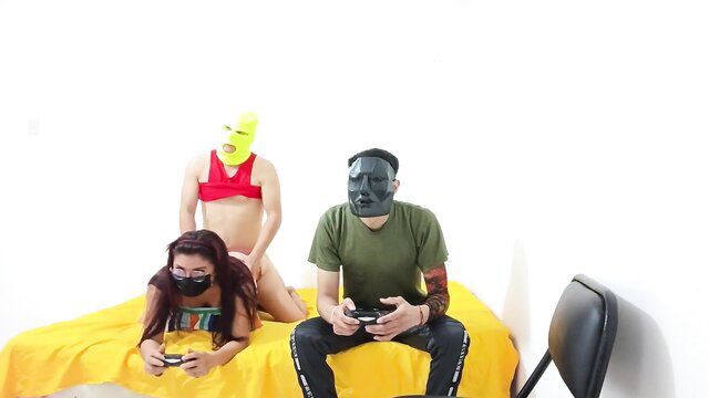 Masked Asian step-sis-in-law with big tits grinds on gamer dude in threesome tease