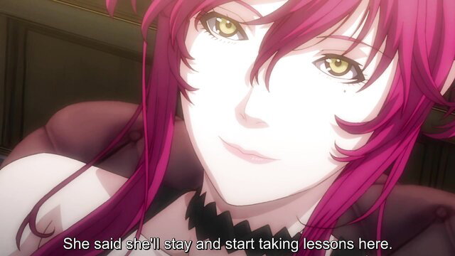 Busty pink-haired anime girl with golden eyes smiles seductively