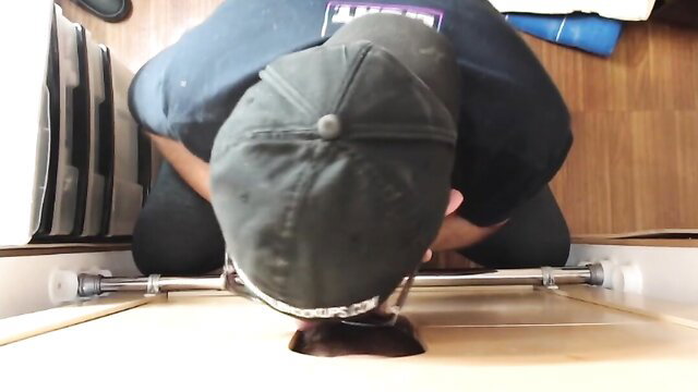 POV gloryhole blowjob with male kneeling, nut tugging action