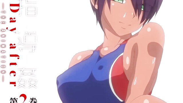Anime girl in tight blue swimsuit, sweaty athletic body, intense gaze