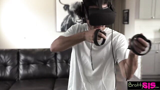 Kyler Quinn in VR headset gripping controllers hot step-sis tease