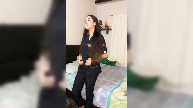 Dark haired amateur in uniform gives handjob in fake taxi