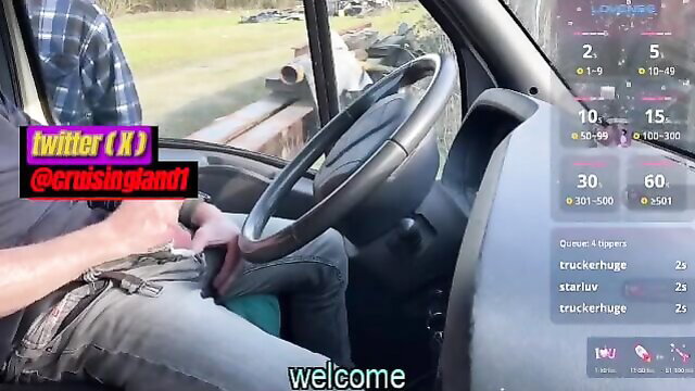 Man cruising in car, hand on crotch bulge, outdoor amateur gay tease