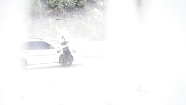 Jaye Summers leans on white SUV in tight black dress outdoors