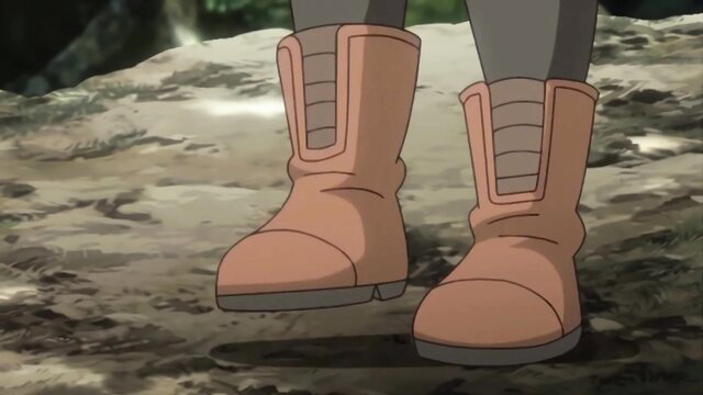 Busty elf adventurer's tan boots on rocky ruins in hentai monster fuck