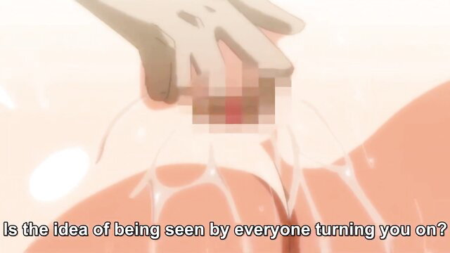 Hentai teacher fingered by gloved hand in classroom, public exposure kink