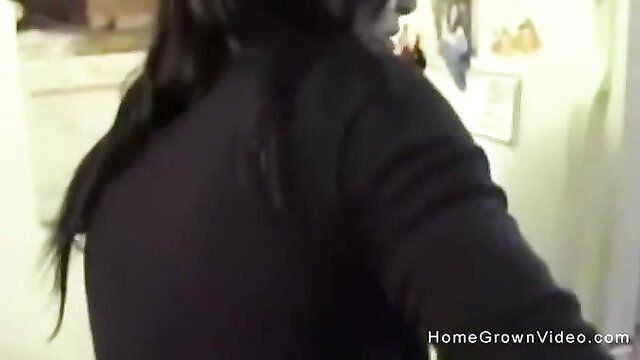 Petite brunette girlfriend in tight black top, amateur home video