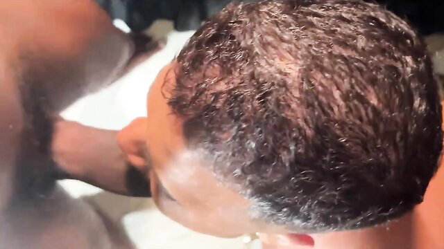 Two muscular black men in intense gay bathtub fuck fantasy