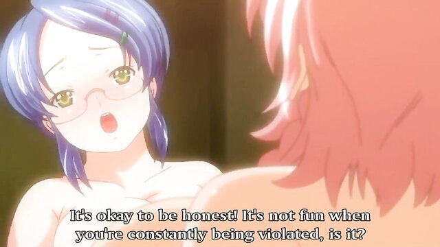 Purple-haired anime girl with glasses pleads during taboo family strapon violation