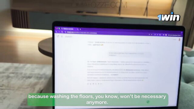 Asian woman on laptop in room, text overlay about no floor washing needed
