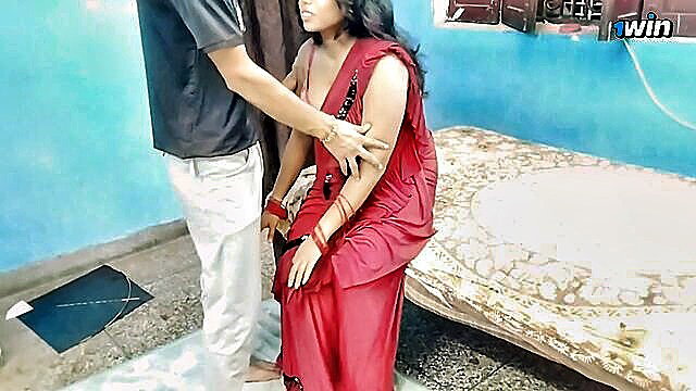 Xxxsoniya in red saree groped by man, busty Indian amateur tease