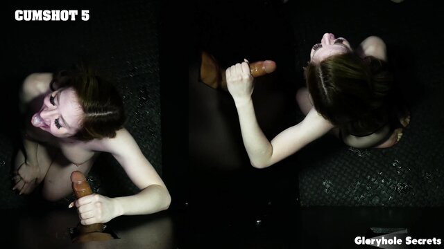 Gloryhole Secrets girl kneels nude, sucks huge dildo cumshot on face