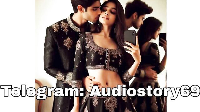 Indian couple in sexy black embroidered saree blouse mirror selfie kiss