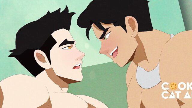 Mako and Wing shirtless anime hunks face off, intense gay stare