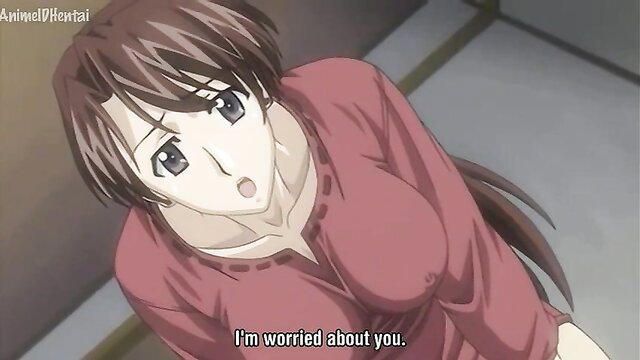 Worried busty anime mom in red top looks down caringly