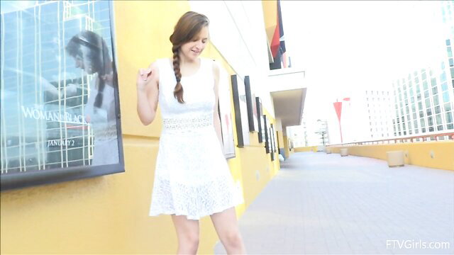 Ellie in sexy white lace dress dances braless, no panties ready to masturbate