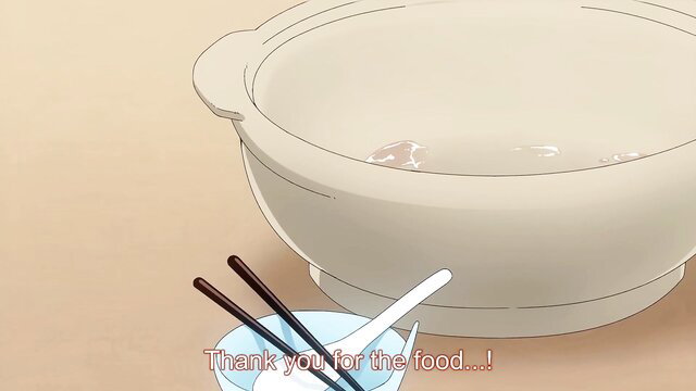 Anime girl thanks for food with chopsticks at steaming bowl