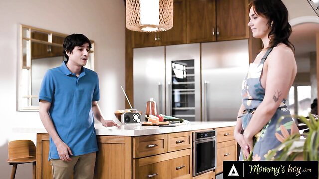 Siri Dahl in apron chats with stepson in kitchen - Mommy's Boy MILF tease