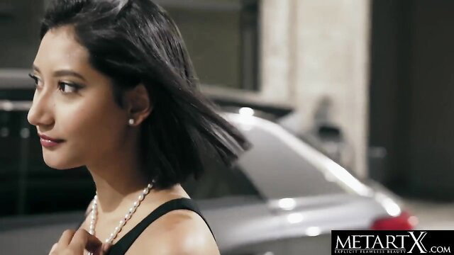 Sexy Asian Latina in black dress by car, MetArt X solo tease