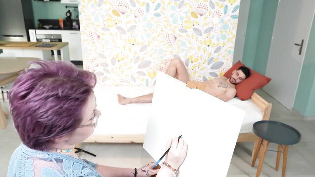 Purple-haired artist sketches nude male model's cock in fantasy art session