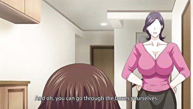 Curvy purple-haired MILF in tight pink dress teases son-in-law hentai
