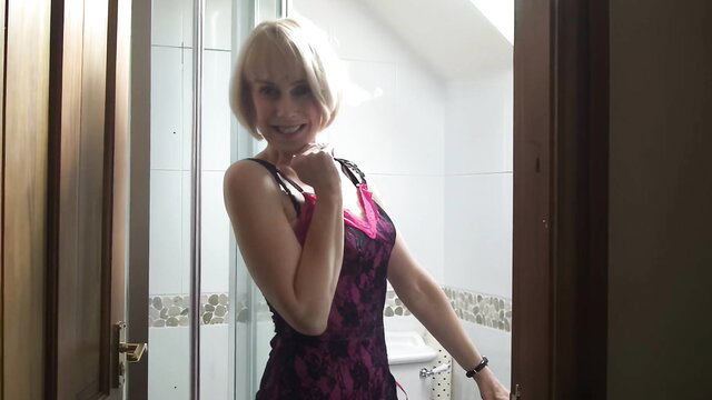 Blonde Hazel in pink lingerie posing sexy in bathroom