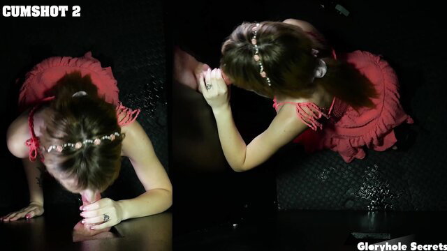 Ballerina girl in pink tutu kneels at gloryhole swallowing cumshot loads