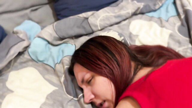 Redhead stepdaughter Zloy Andrey sleeping in red top on bed