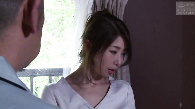 Skinny Japanese village girl in white dress seduced by older man