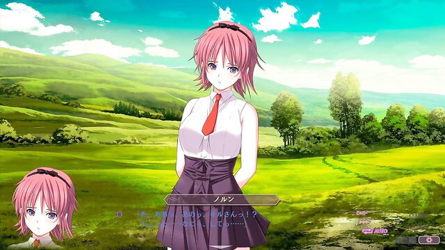 Pink-haired anime JAV schoolgirl in tight blouse and skirt, cleavage tease