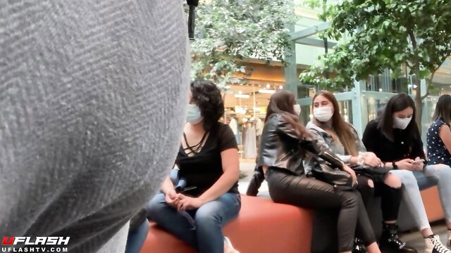 Latina girls in tight clothes spot huge mall bulge, candid upskirt tease