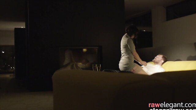 Alisa Gap straddling man on couch in tight dress, European mature tease