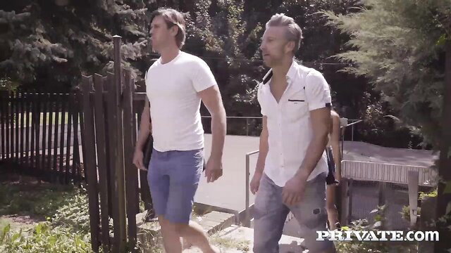 Belle Claire and Evelina Darling walk in shorts and shirts, yoga threesome tease