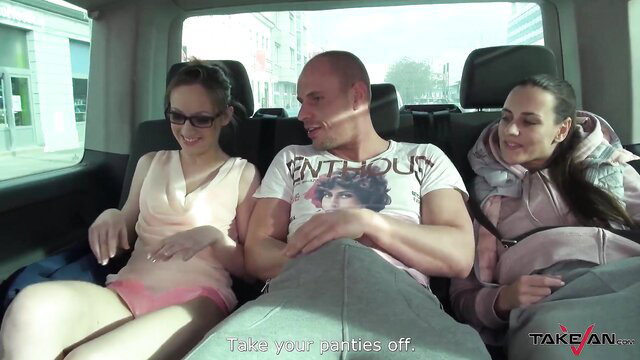 Mea Melone removing panties in van with man and brunette