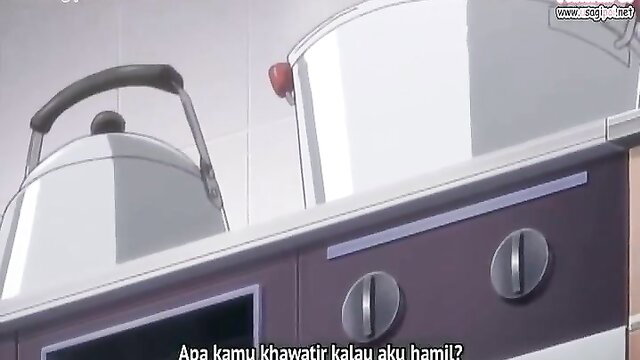 Hentai MILF in apron cooking on stove, teasing kitchen scene