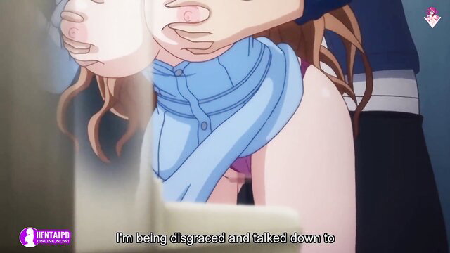 Busty anime hentai babe groped, exposed tits and pussy in blue skirt