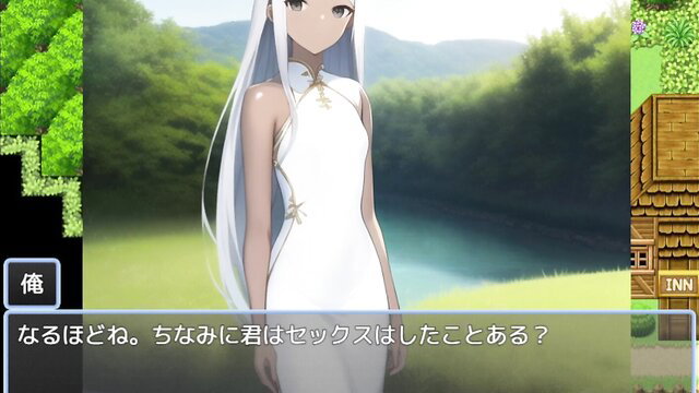 Busty white-haired hentai girl in sexy white dress in fantasy village