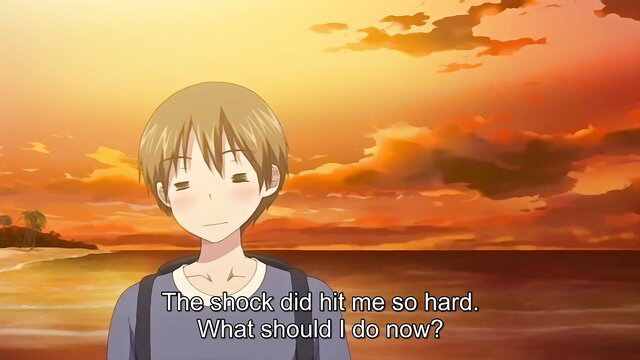 Shocked blindfolded anime teen boy on beach at sunset, hentai reverse gangbang vibe