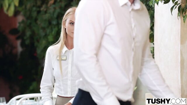 Nancy Ace in white uniform seduces coworker outdoors Tushy anal tease