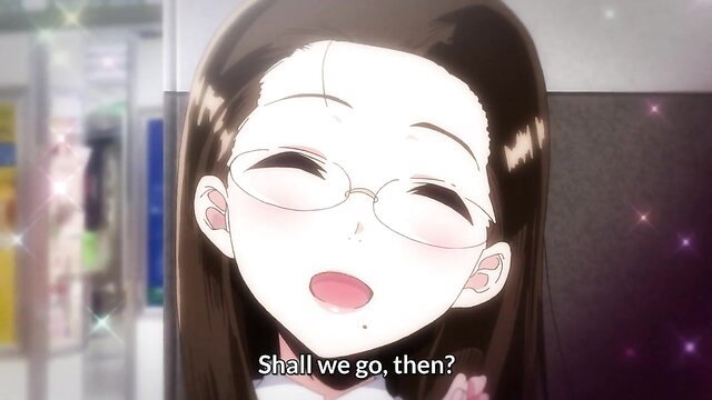 Smiling anime girl with glasses says 'Shall we go then?' from thick hentai academy gigolo