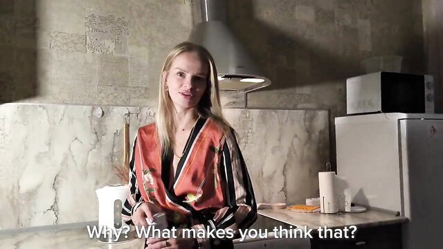 Blonde neighbor in sexy silk robe asks why in kitchen seduction scene
