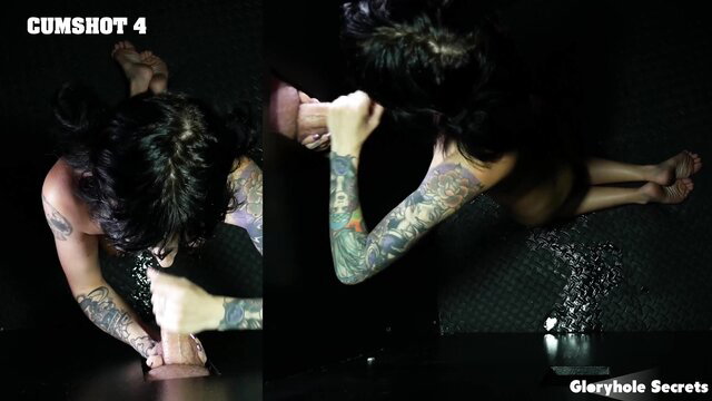 Tattooed Asian girl throat fucked at gloryhole, cumshot on face