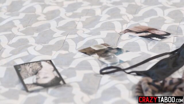 Polaroid pics, black thong and leopard lingerie on hearts pattern sheet