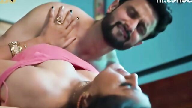 Indian slutty babe in pink lingerie grabs hunk's chest in hot xxx clip